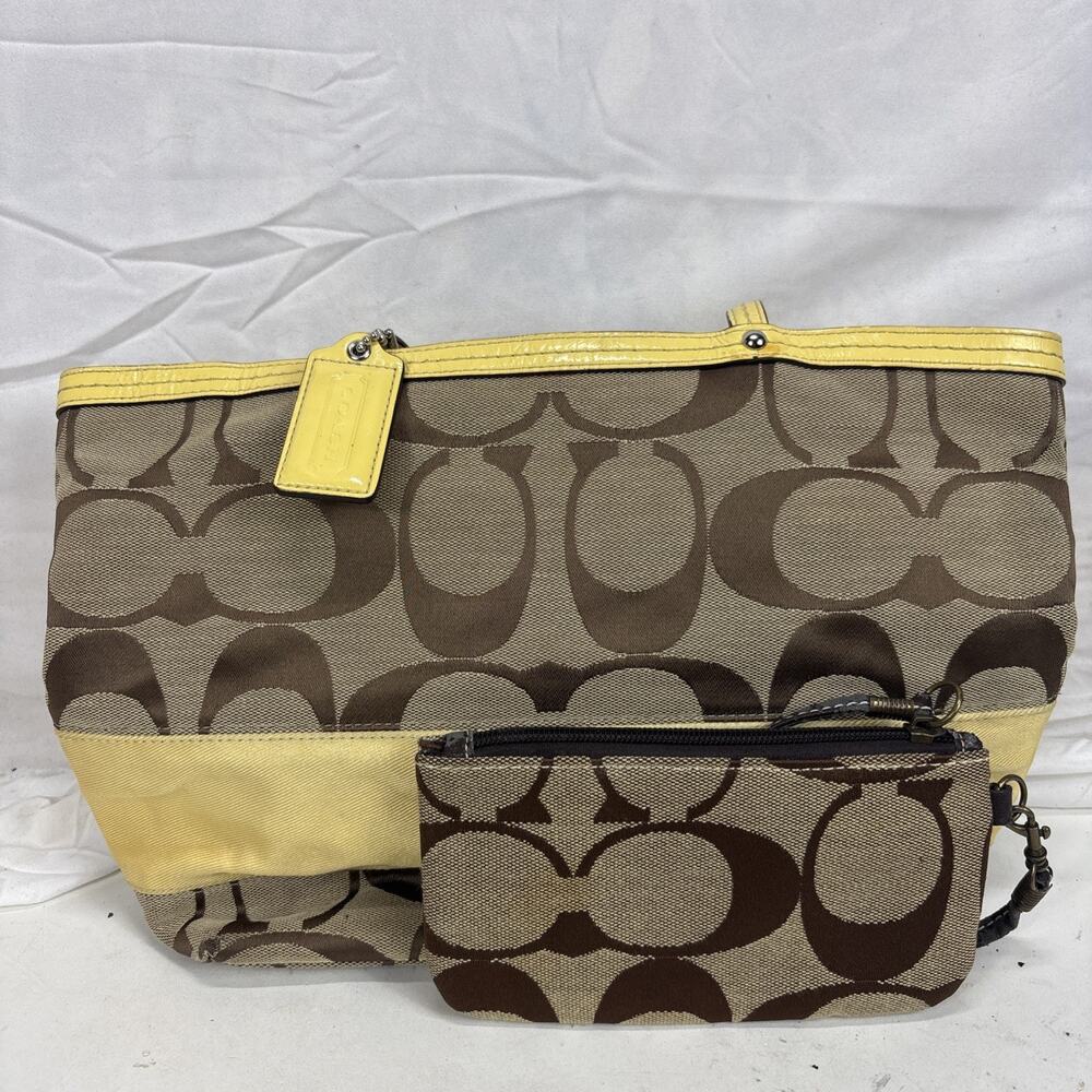 Coach Signature Zip-Top Satchel Handbag Brown/Beige Yellow A1076-F13548 W/wallet